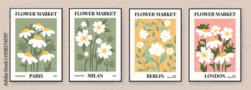 Set 1970 daisy flowers market poster. Abstract floral illustration. Poster for postcards, wall art, banner, background, for printing. Vector illustration.