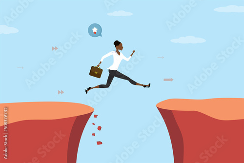 African american businesswoman jump through gender gap, discrimination. Overcoming obstacles. Woman employee with running jump from one cliff to another. Business risk and success.