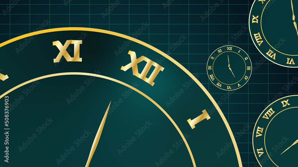 Old style antique clock animation. Multiple clocks moving clockwise and