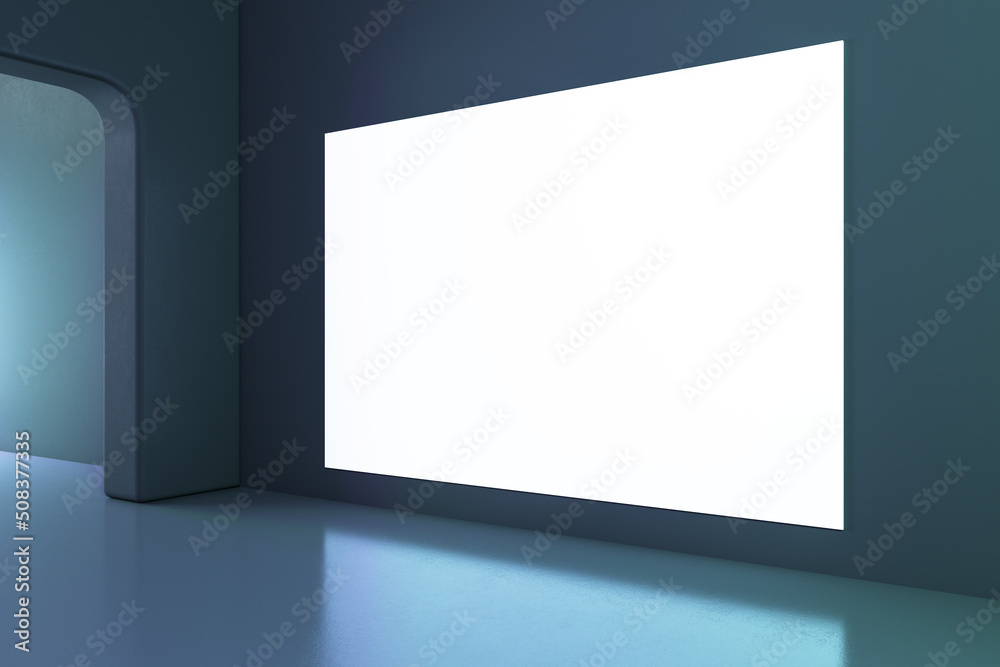 Modern bright gallery interior with white mock up frame on wall. Museum and art concept. 3D Rendering.