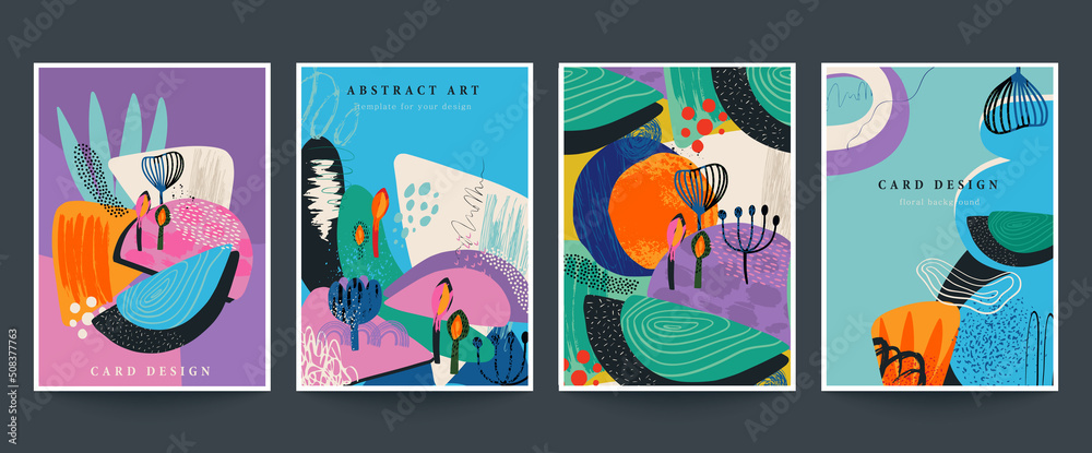Set of four vector pre-made cards or posters in modern abstract style ...