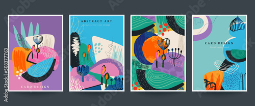 Set of four vector pre-made cards or posters in modern abstract style with nature motifs, flowers, leaves and hand drawn texture.