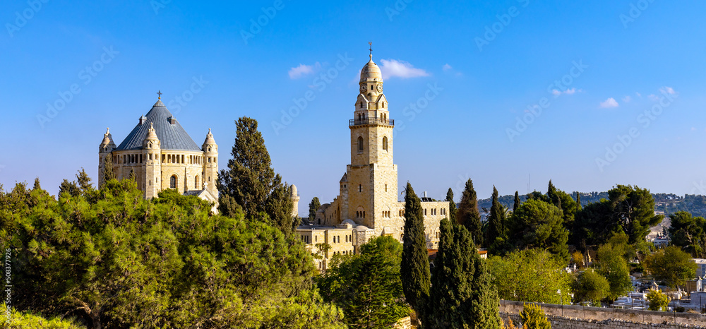 Benedictine Virgin Mary Dormition Abbey on Mount Zion, near Zion Gate outside walls of Jerusalem Old City in Israel