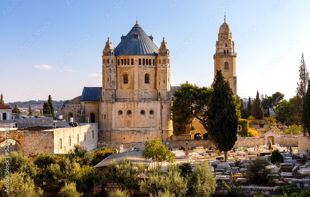 Benedictine Virgin Mary Dormition Abbey on Mount Zion, near Zion Gate outside walls of Jerusalem Old City in Israel