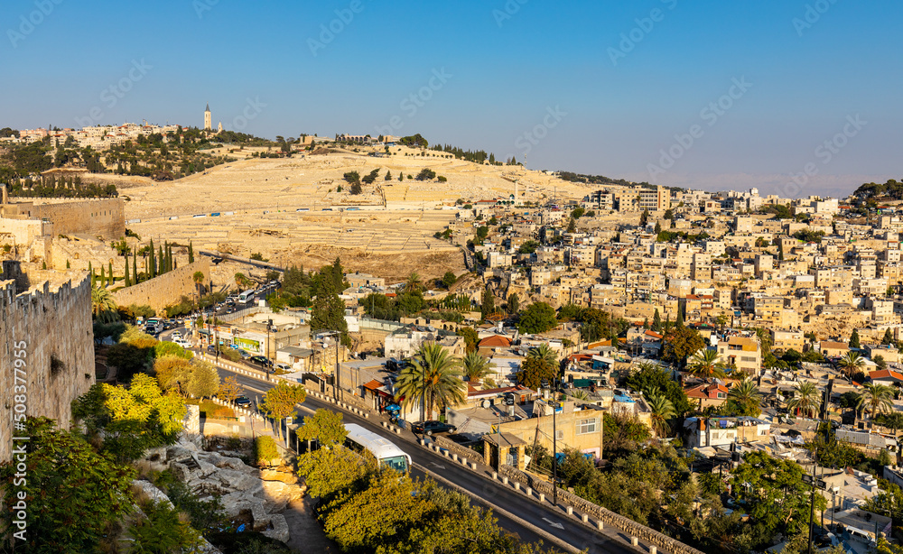 Panorama of Mount of Olives with Siloam village over ancient City of David quarter seen from south wall of Temple Mount in Jerusalem Old City in Israel