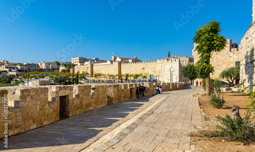 Walls of Tower Of David citadel and Old City over Jaffa Gate with Mamilla quarter of Jerusalem in Israel