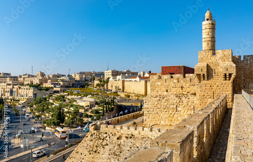 Leinwand Poster Ottoman minaret above walls and archeological excavation site of Tower Of David