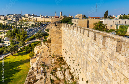 Tela Walls of Tower Of David citadel and Old City over Jaffa Gate and Hativat Yerusha