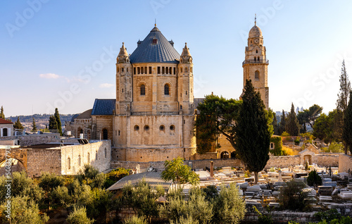 Benedictine Virgin Mary Dormition Abbey on Mount Zion, near Zion Gate outside walls of Jerusalem Old City in Israel photo