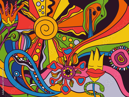 Vector retro colorful psychedelic poster in 1970s style