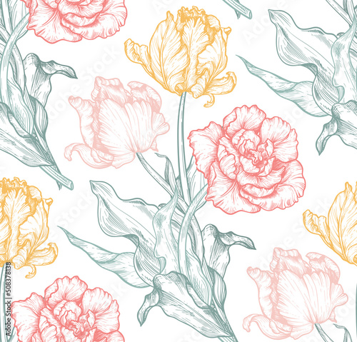 Beautiful hand drawn vector seamless patterns with tulip flowers #508378138
