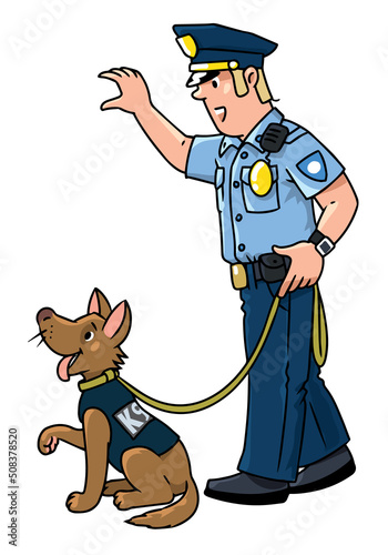 Policeman with the police dog. Vector cartoon