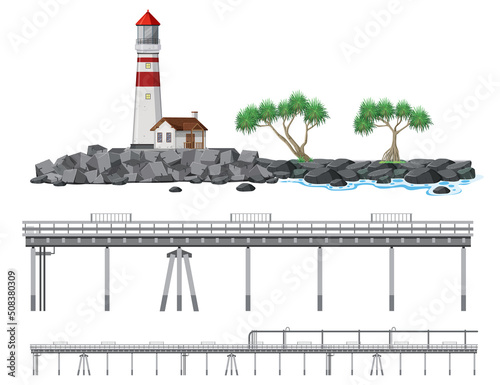 Set of beach coast objects and elements