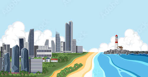 Coastal town with lighthouse