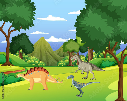 Scene with dinosaurs in forest