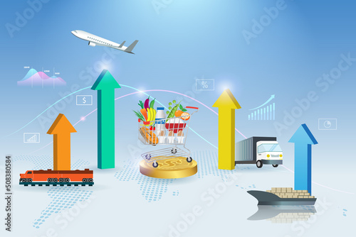 Foods crisis inflation, cost of transportation. CPI consumer price index . Shopping cart trolley with growth graph cost on logistics supply chain, rising foods cost and grocery price.