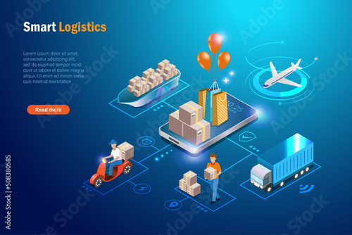 Online shopping and smart global logistics delivery system. Shipment carton delivery in supply chain network connecting, airfreight, seafreight and transportation truck use wireless tracking system.