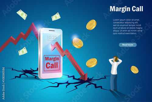 Bitcoin margin call, crypto currency falling graph on smart phone cracked floor. Frustrated businessman losing money in bitcoin investment. Failure, margin call in cryptocurrency stock trading concept
