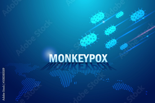 Monkeypox virus invasion from outer space to earth on world map. New orthopox virus outbreak  worldwide spreading. For awareness in human diseases infection. Medical and health care concept.