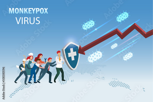 Stop monkeypox virus concept. Doctor holding medical shied with diversity occupation people fighting with monkeypox virus invasion and falling graph on world map.