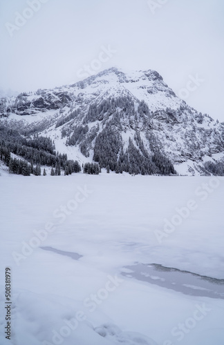 Vertical view of the frozen Visalpsee near Tannheim, Austria