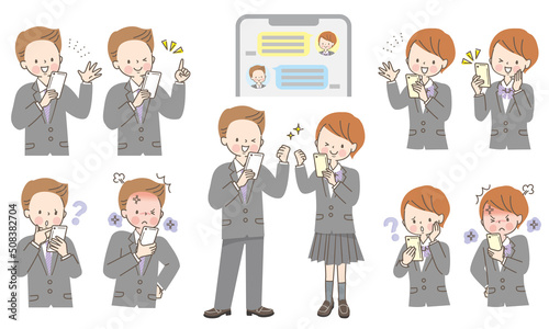 スマホを操作する男女の学生　表情セット