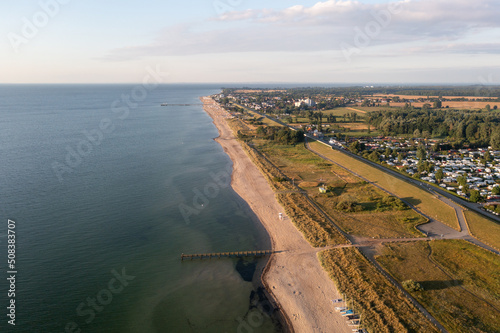 Dahme, Germany - July 31, 2021: Aerial drone view of Dahme Beach in Schleswig-Holstein. © OliverFoerstner