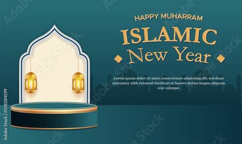 Banner happy muharram islamic new year with podium