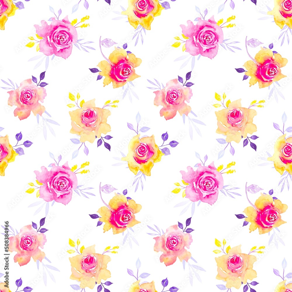 Seamless pattern with watercolor rose , leaves.  Floral seamless pattern for textile, print, wallpaper.