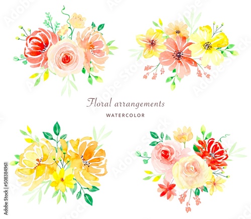 Fototapeta Naklejka Na Ścianę i Meble -  Watercolor set of floral arrangements of summer flowers ,perfect for greeting cards,wedding invitation.