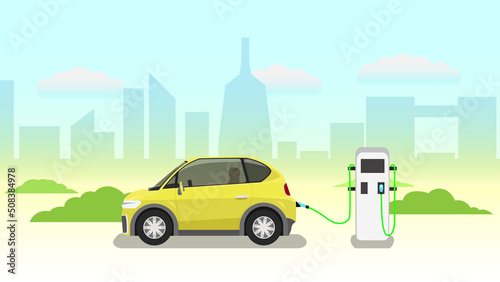 Vector or Illustrator of Yellow electric vehicle with an electric charging cabinet. with nature green grass and shadow of town under blue sky and white clouds.