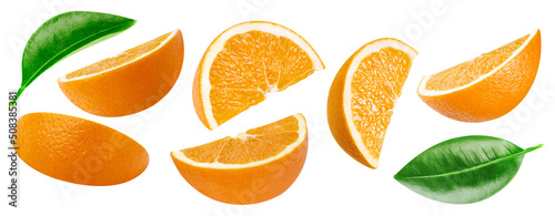 Collection orange isolated on white background. Taste orange with leaf. Full depth of field with clipping path