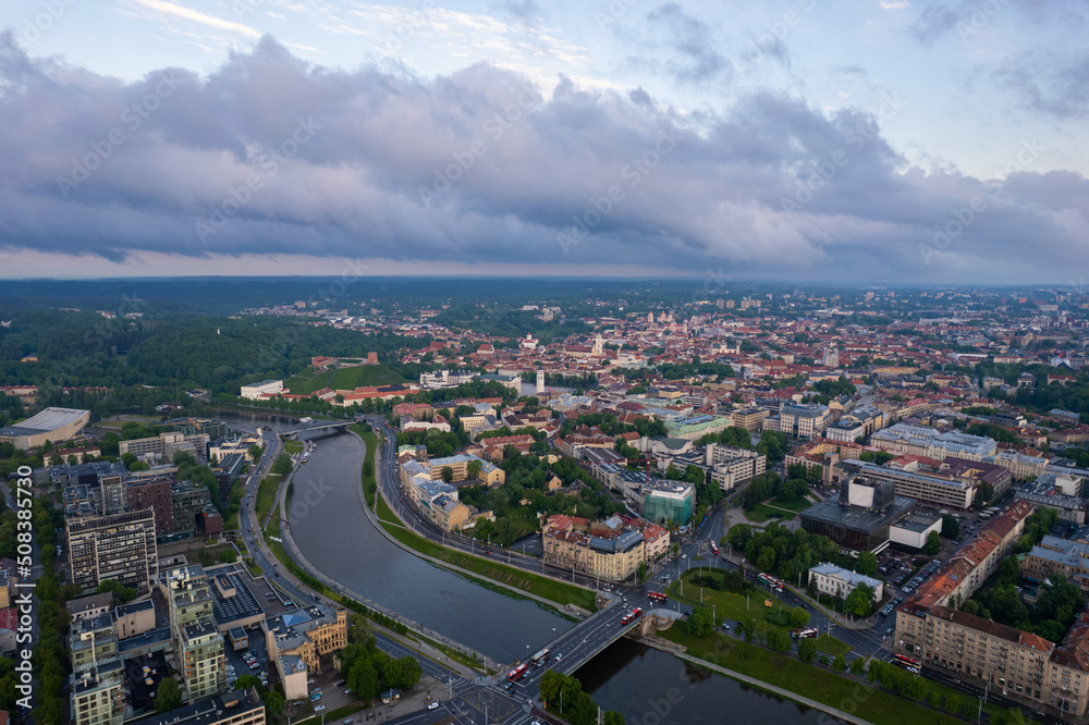 Aerial summer spring sunset view in Vilnius old town, Lithuania