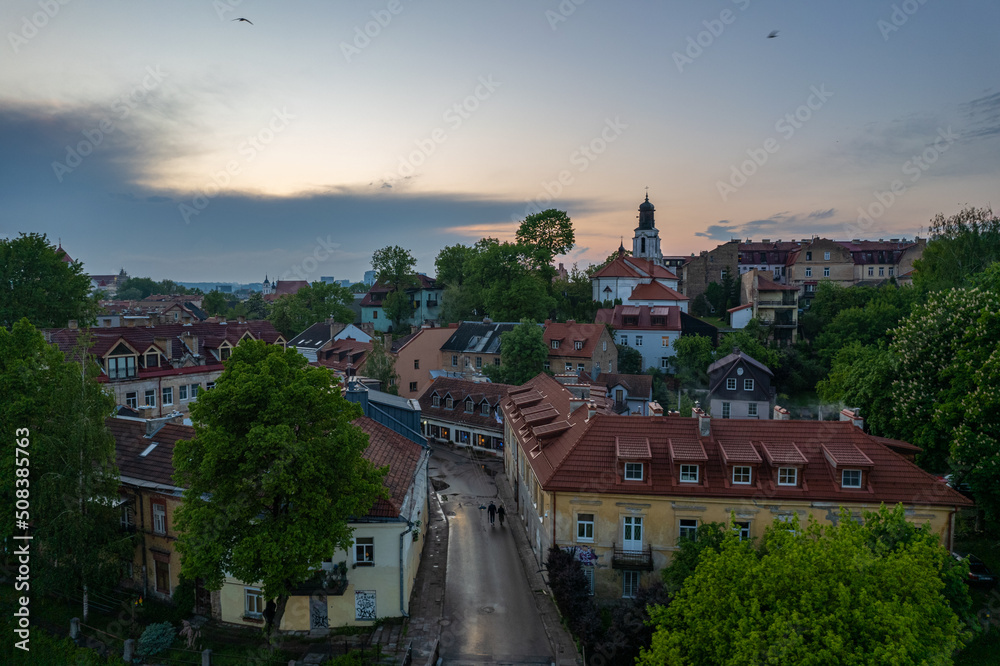 Aerial summer spring sunset view in Uzupis, Vilnius old town, Lithuania