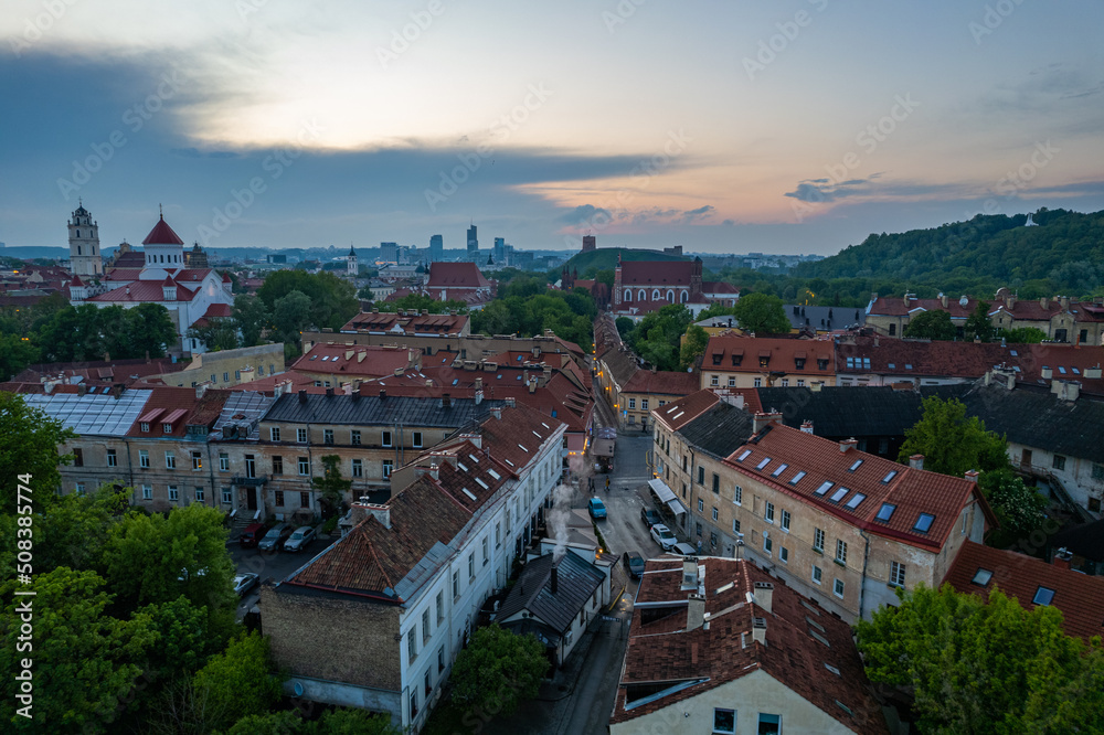 Aerial summer spring sunset view in Uzupis, Vilnius old town, Lithuania