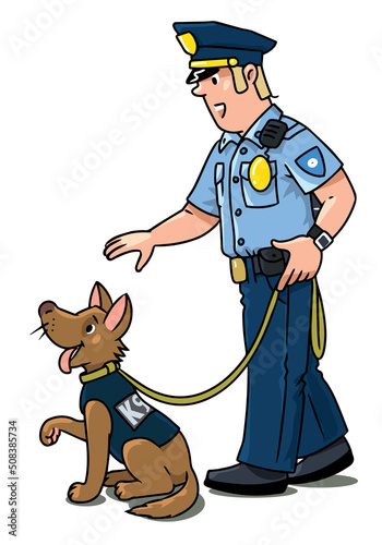 Policeman with the police dog. Vector cartoon