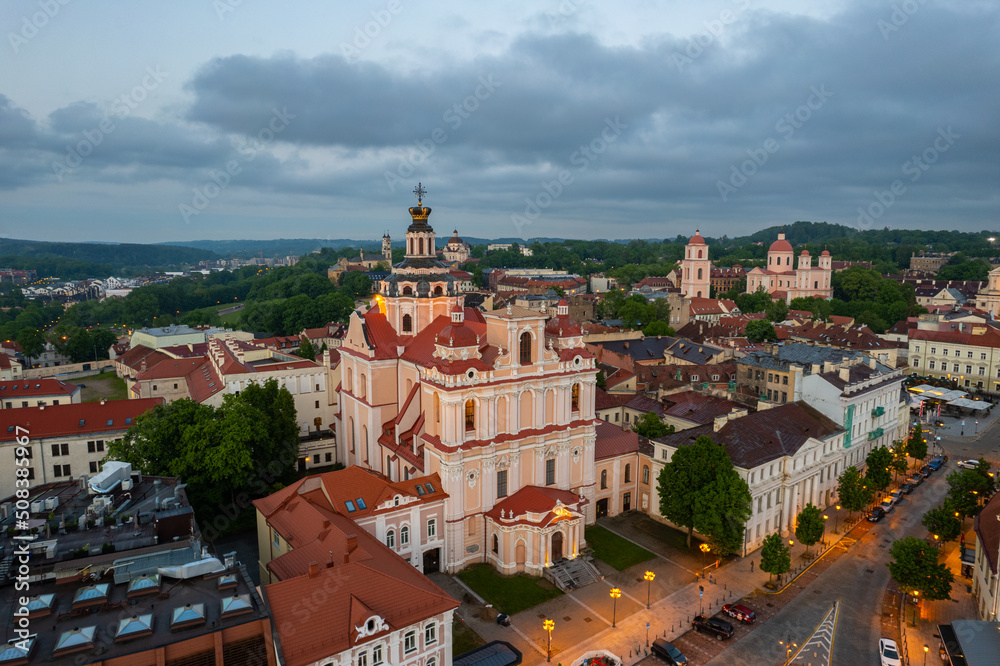 Aerial summer spring sunset view in Vilnius old town, Lithuania