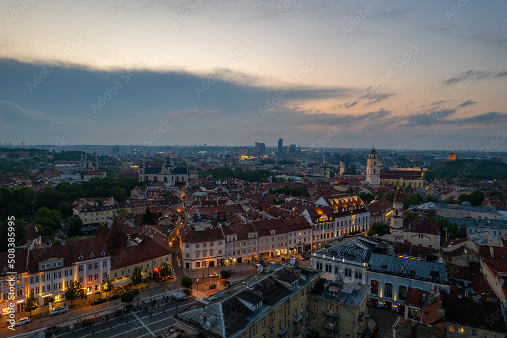 Aerial summer spring sunset view in Vilnius old town, Lithuania