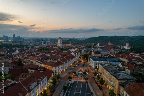 Aerial summer spring sunset view in Vilnius old town, Lithuania