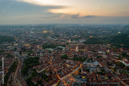 Aerial summer spring sunset view in Vilnius old town  Lithuania
