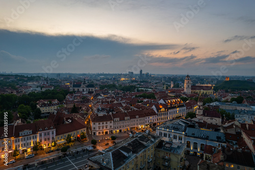 Aerial summer spring sunset view in Vilnius old town, Lithuania