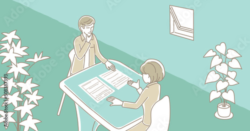 テーブルをはさんで説明をする女性スタッフと男性客の室内パース風イラスト