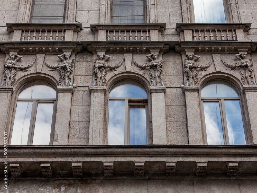 St. Petersburg, Russia, May 9, 2022. Fragment of the facade of a building, in ​​historical part of the city. 