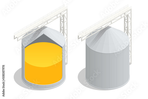 Isometric section of a cylindrical grain silo for infographics. Export wheat trade. Grain harvest storage