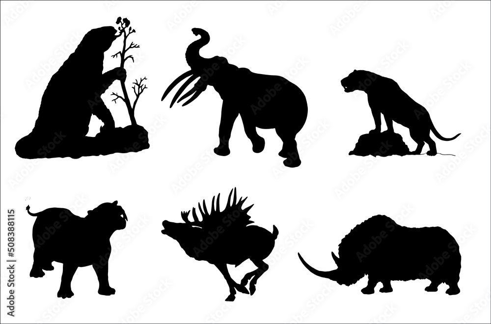 Naklejka premium Prehistoric animals - coryphodon, gigantic deer megaloceros, megistotherium, stegotetrabelodon, megatherium and Woolly rhinoceros. Silhouette drawing with extinct animals. Vector illustrations. 