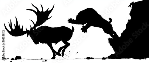 Saber-tooth attacks the gigantic deer megaloceros. Vector drawing with extinct animals.	