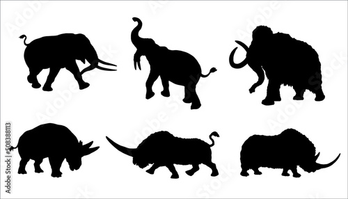 Silhouette of Prehistoric animals. Mammoth, mastodon, woolly rhinoceros and deinotherium. Vector illustration with extinct Elephants.	