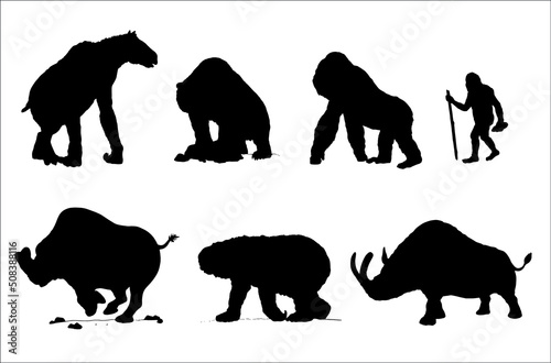 Prehistoric animals - gigantopithecus, australopithecus, chalicotherium, cave bear, diprotodon, embolotherium and Megacerops. Silhouette drawing with extinct animals. Vector illustrations. photo
