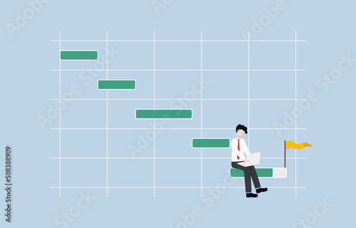 Gantt chart for project planing, task management, executing workflow for business success concept. Businessman working with laptop computer sitting on last horizontal bar of project Gantt chart.