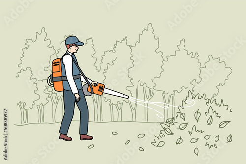 Male gardener in uniform collection leaves with handy vacuum. Man handyman working outdoors in autumn cleaning ground in garden on backyard. Flat vector illustration. 